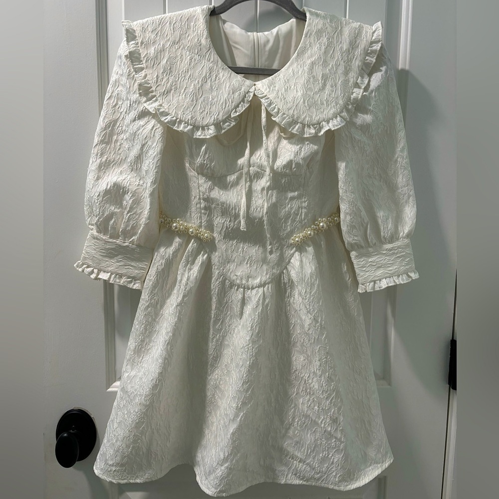 LEDiN White Beaded Baby Doll Dress Womens Size XS